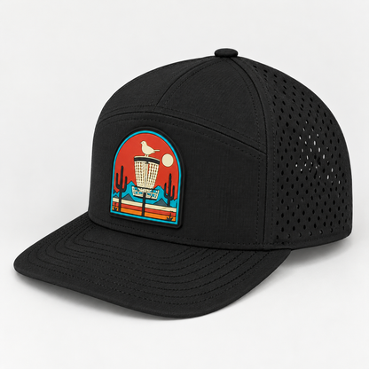 Desert Red PVC Patch Flat Bill Hat - Black - three-quarter view