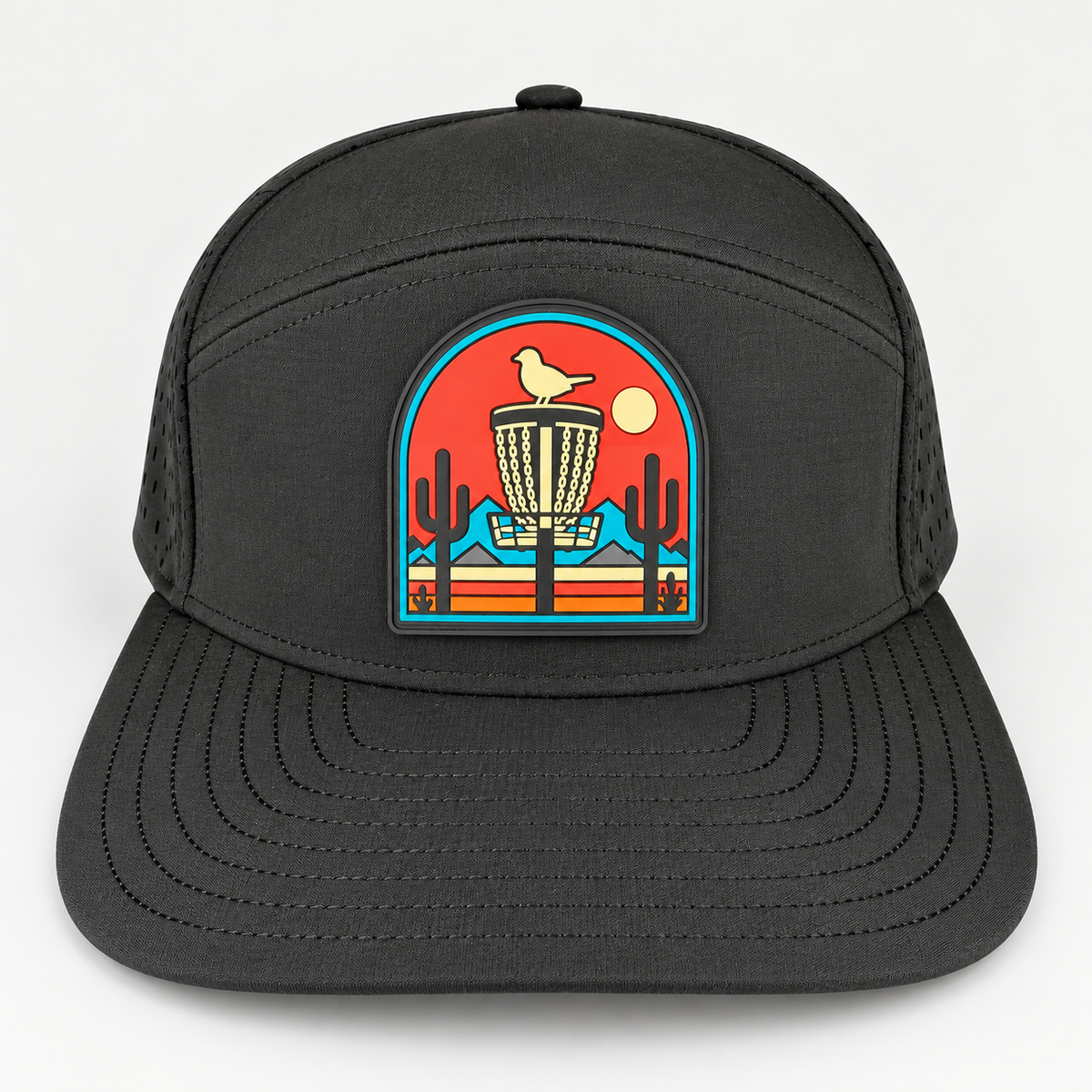 Desert Red PVC Patch Flat Bill Hat - Black - elevated front view