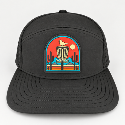 Desert Red PVC Patch Flat Bill Hat - Black - elevated front view