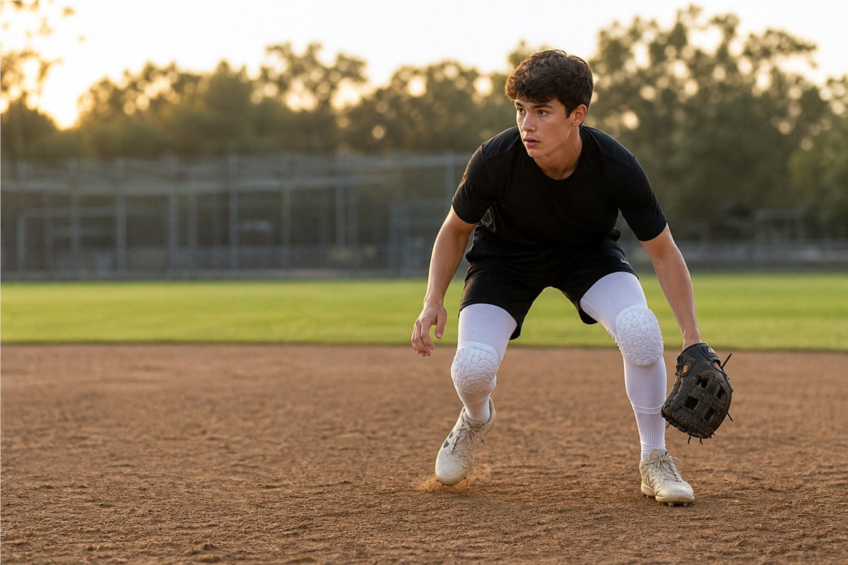 Player sprinting wearing white honeycomb pad knee sleeves