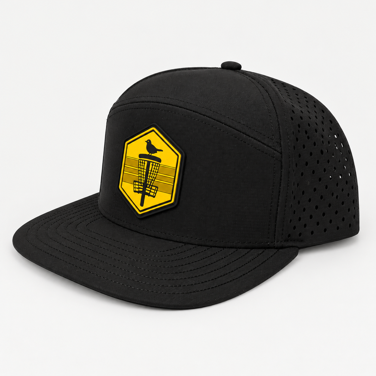 Mustard Shield PVC Patch Flat Bill Hat - Black - three-quarter view