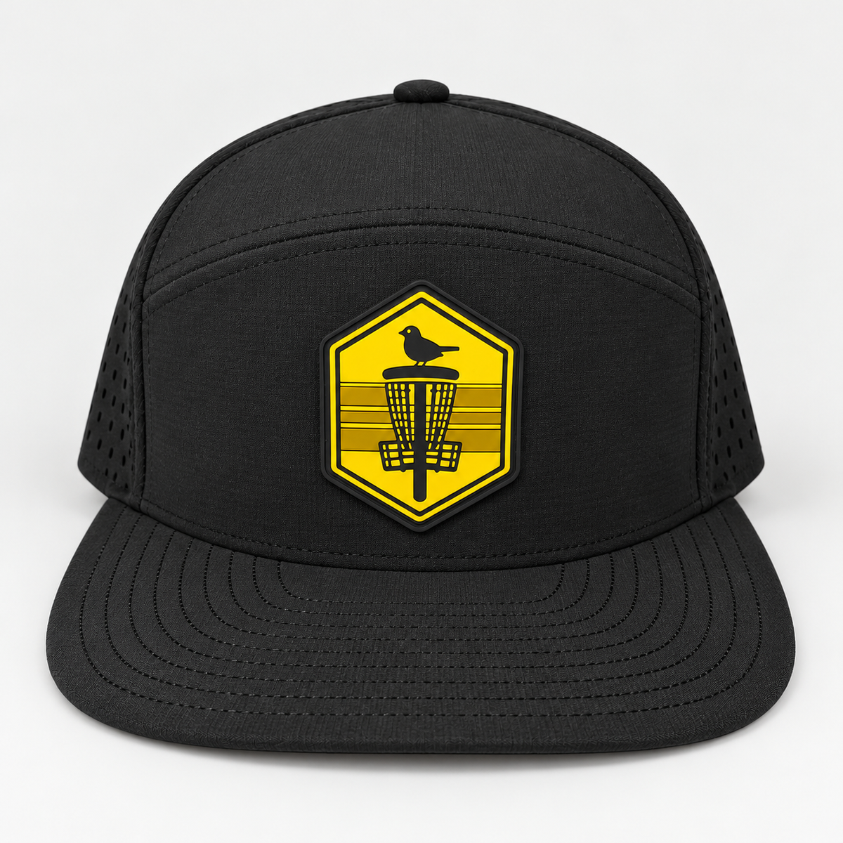Mustard Shield PVC Patch Flat Bill Hat - Black - elevated front view