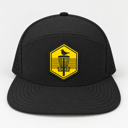 Mustard Shield PVC Patch Flat Bill Hat - Black - elevated front view