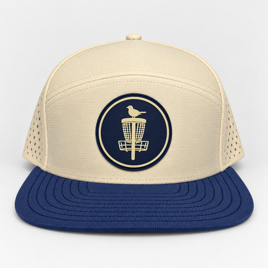 Ocean Circle PVC Patch Flat Bill Hat - Beige/Blue - front