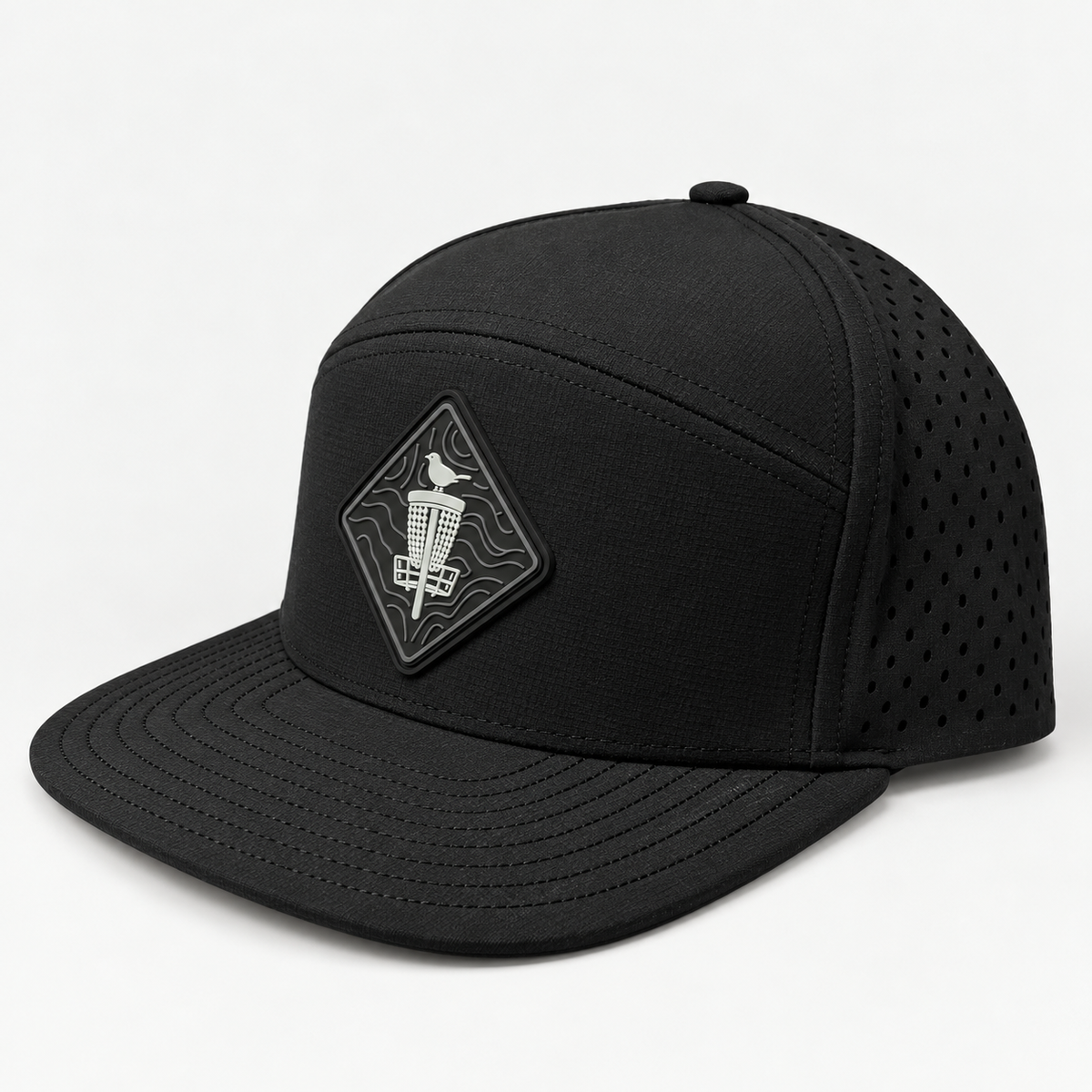Topo Blackout PVC Patch Flat Bill Hat - Black - three-quarter view