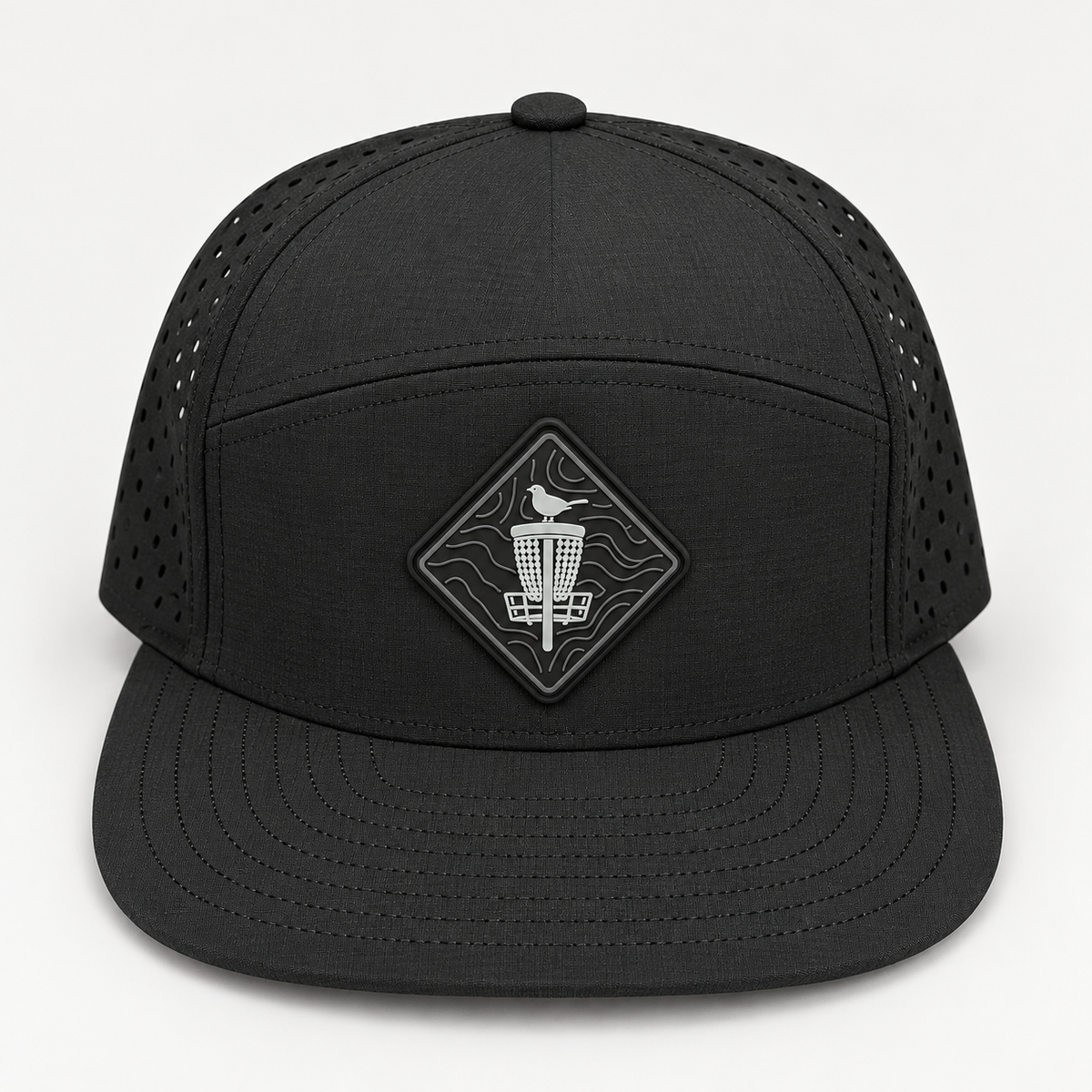 Topo Blackout PVC Patch Flat Bill Hat - Black - elevated front view