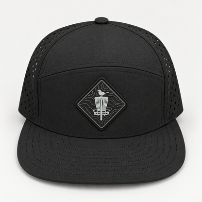 Topo Blackout PVC Patch Flat Bill Hat - Black - elevated front view