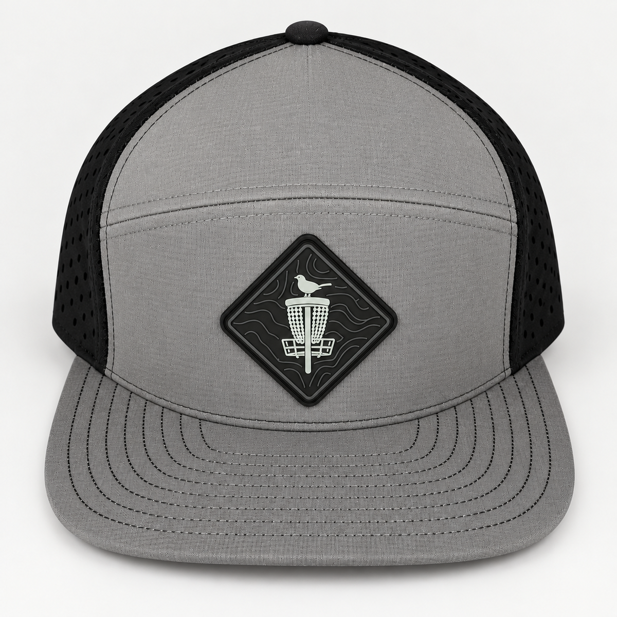 Topo Blackout PVC Patch Flat Bill Hat - Black/Grey - elevated front view