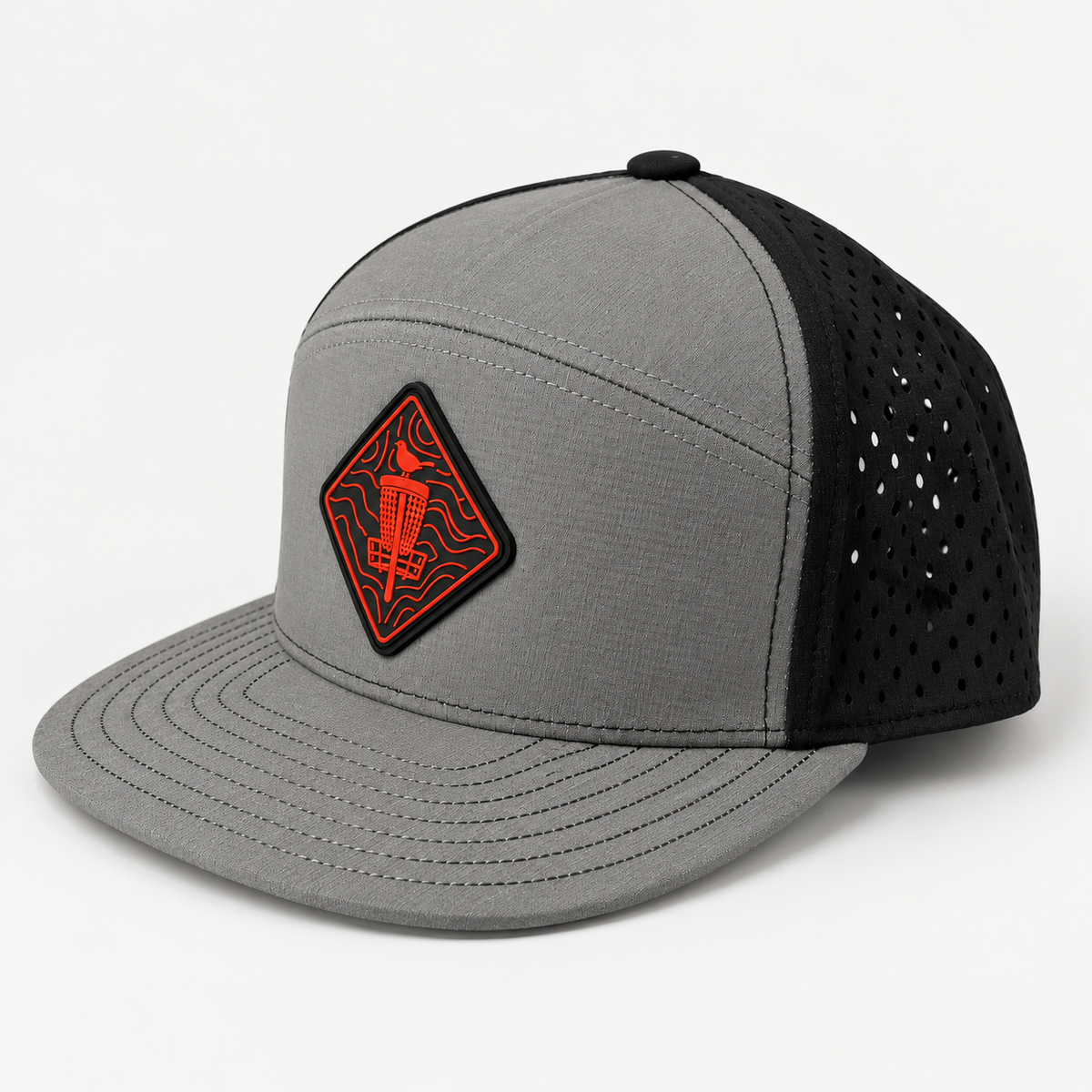 Topo Red PVC Patch Flat Bill Hat - Black/Grey - three-quarter view