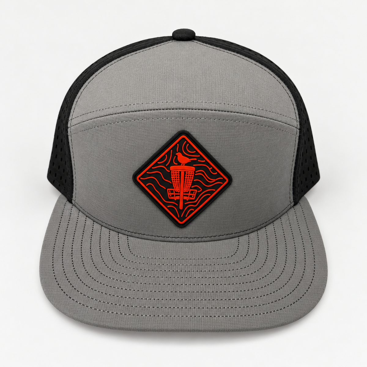 Topo Red PVC Patch Flat Bill Hat - Black/Grey - elevated front view
