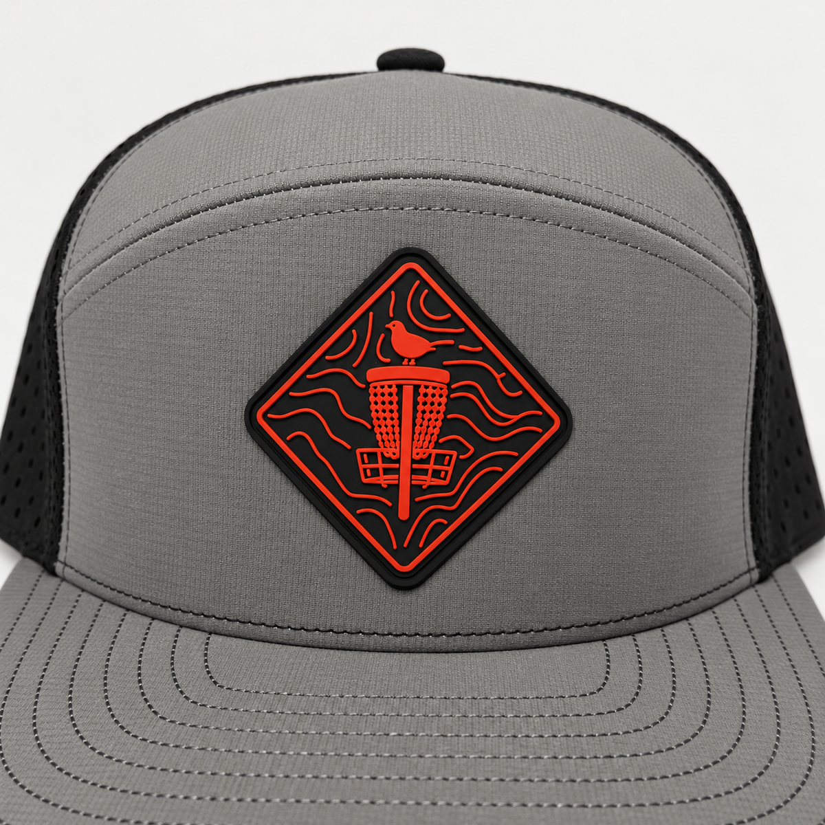 Topo Red PVC Patch Flat Bill Hat - Black/Grey - patch close-up