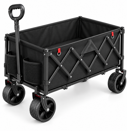 Folding team wagon with telescoping pull handle and removable 600D Oxford fabric bed, black