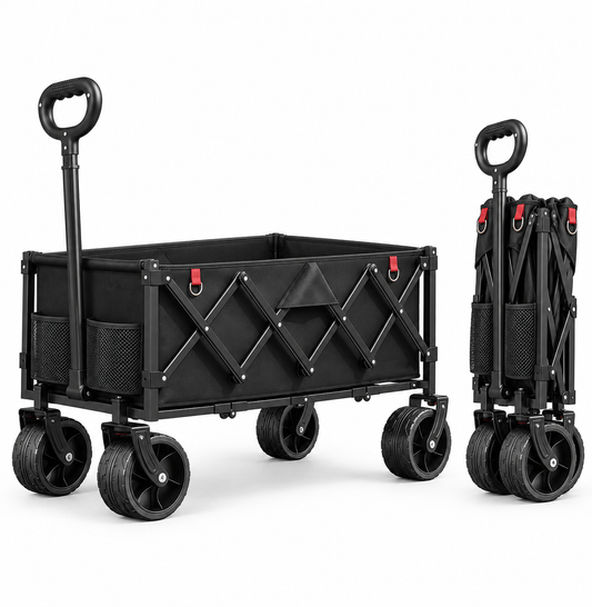 Formula Sports heavy-duty folding team wagon in black, shown open and folded flat, 550 lb capacity with all-terrain wheels