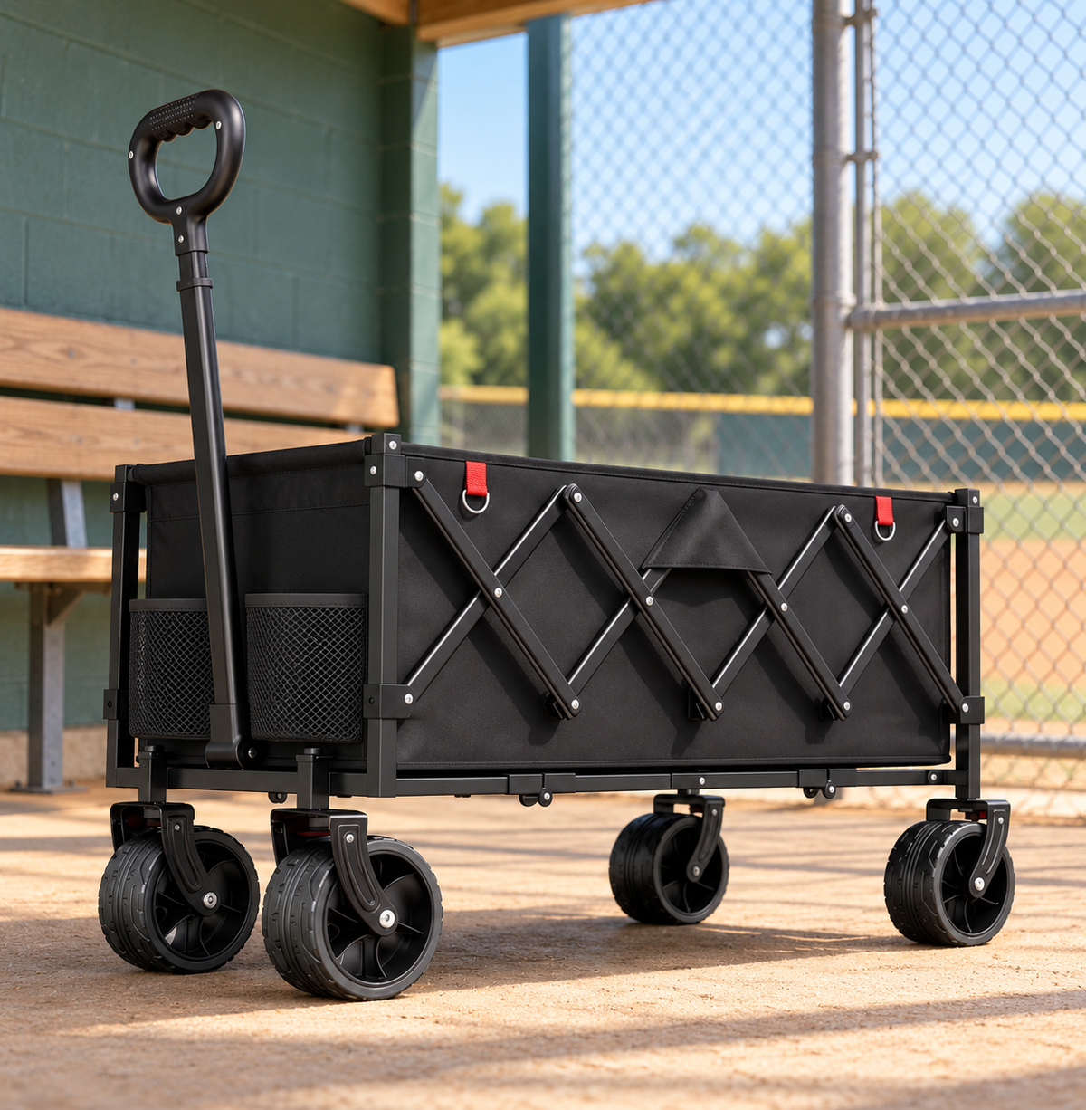 Black heavy-duty folding team wagon parked in a baseball dugout, built to haul bat bags, coolers and chairs