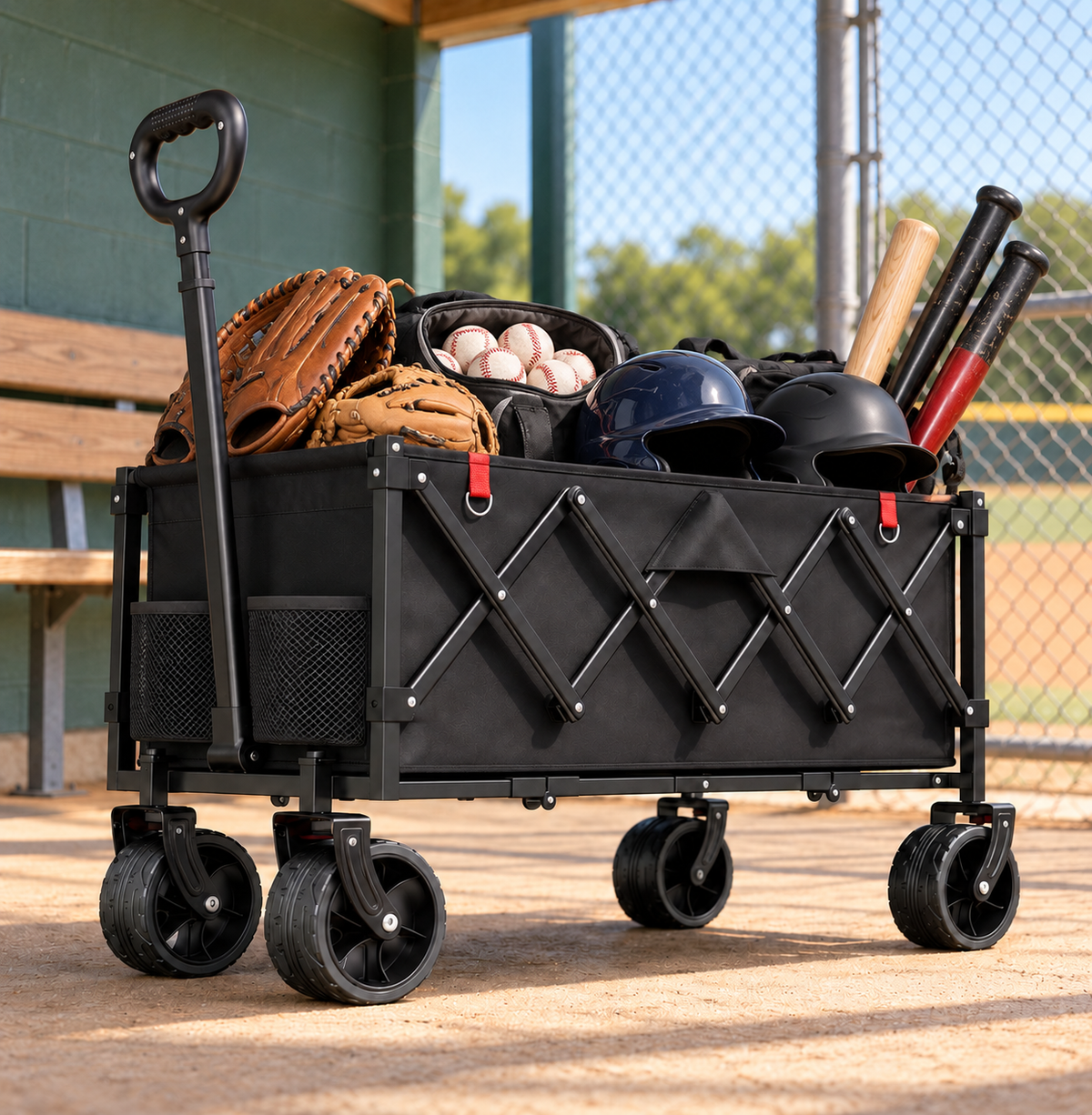 Heavy-duty folding sports wagon with 550 lb reinforced steel frame and wide all-terrain wheels for grass and gravel